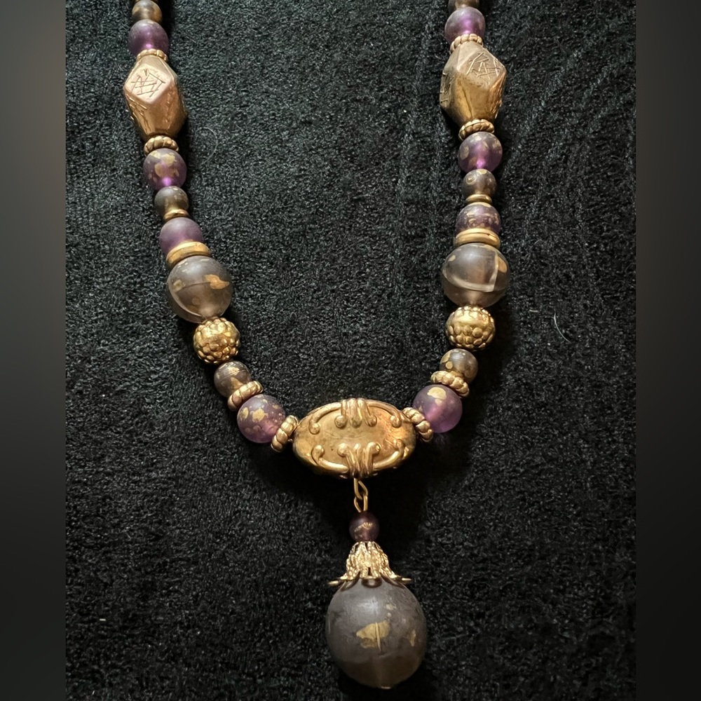 Vintage Art Deco Style Beaded Necklace w/ Pendant Purple Gold Green 11" Drop